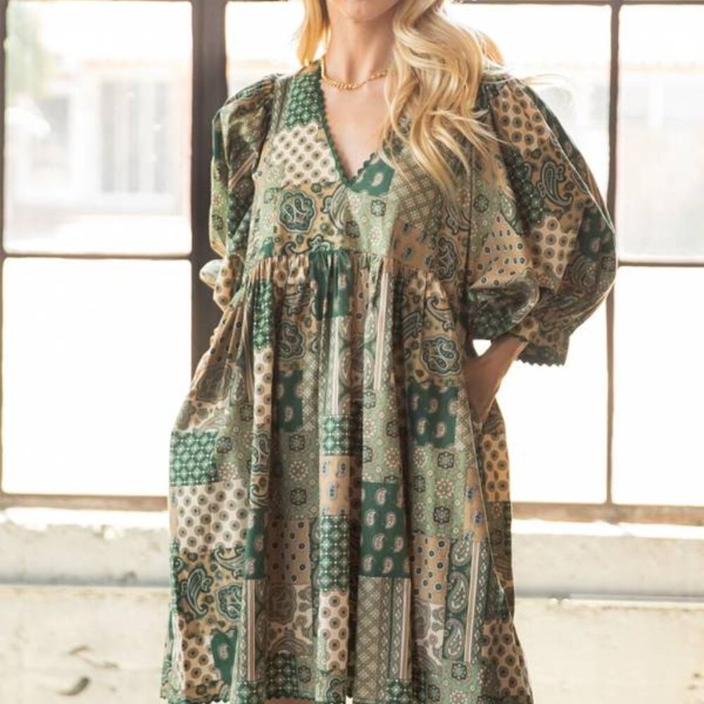 Paisley Print Mini Dress with Puff Sleeve and Ric-Rac Trim
